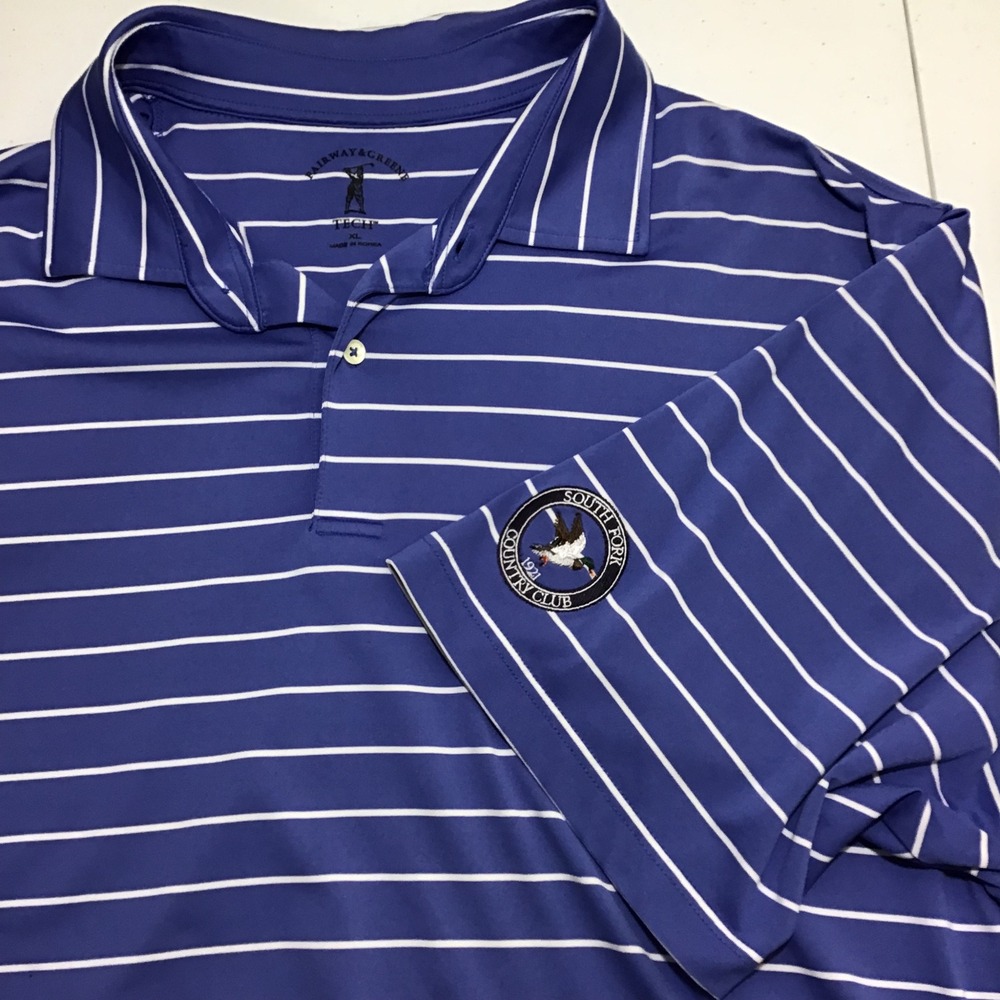 Fairway & Greene Men's Tech Polo Shirt Blue White South Fork Country Club XL